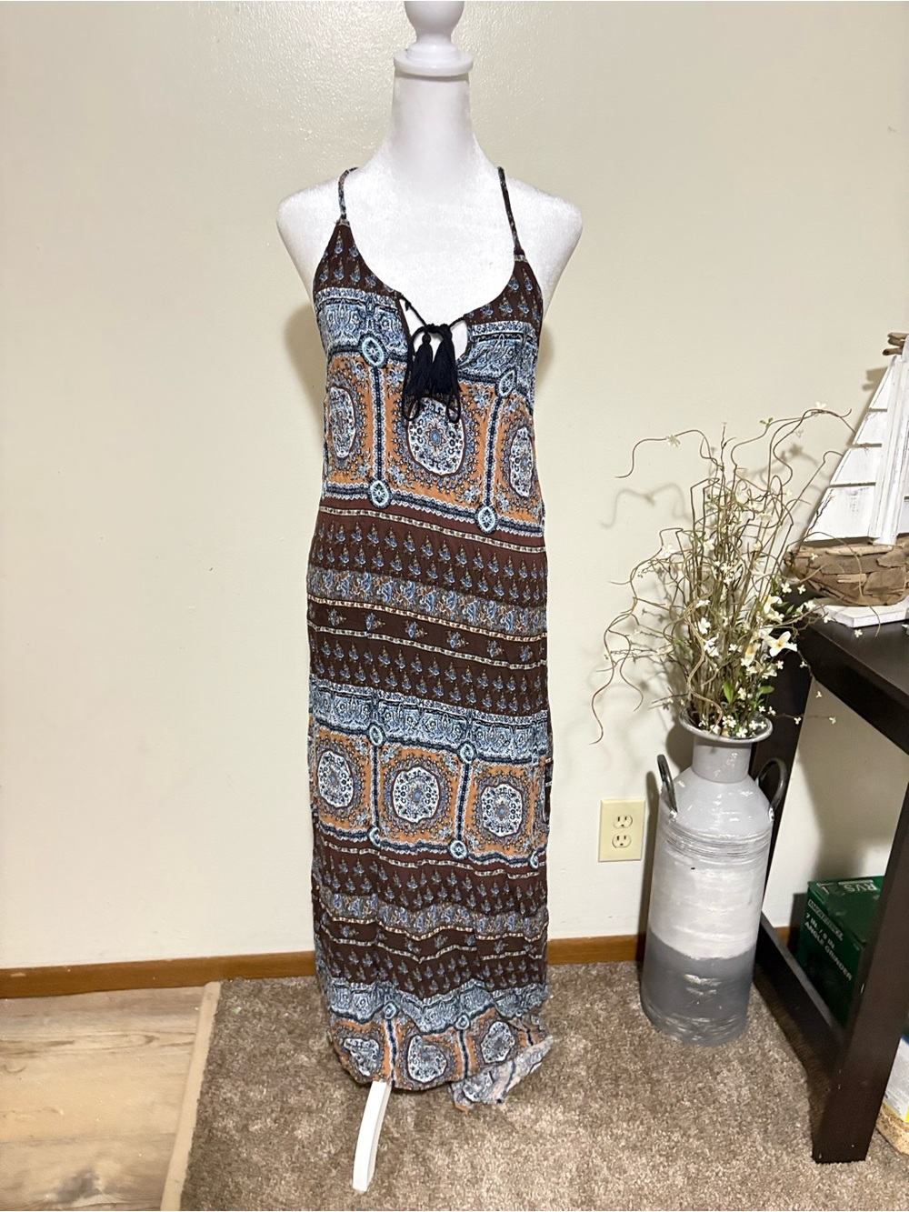 Entro Blue and Brown Backless Maxi Dress